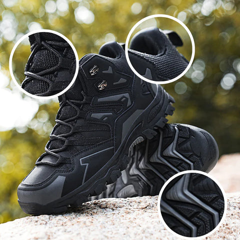 Seitenansicht der schwarzen Expedition Outdoor Barfußschuhe von Vanea